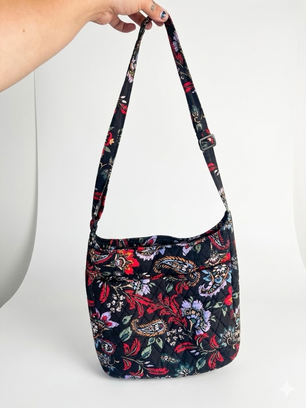 Vera Bradley Black Quilted Shoulder Bag with Red and Purple Floral Print